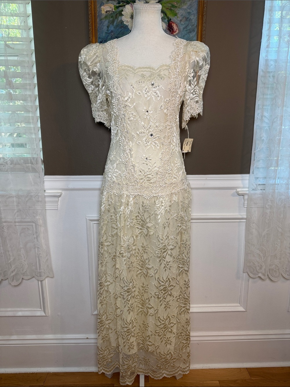 Vintage 80s Cachet Bari Protas Ivory Lace Beaded Wedding Dress S